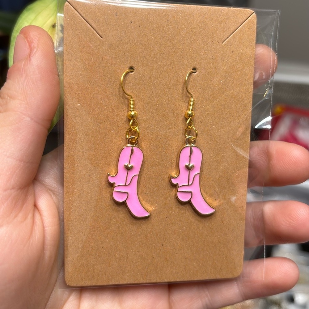 Cute small pink cowgirl boot earrings Gold hoop